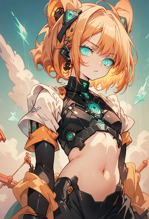  1girl , Alone, Mecha Girl, Mechanical eyes, glowing eyes, orange and white body color, acrobatic posing, Feminine supple body, with a glowing ball embedded in the navel, serious, 