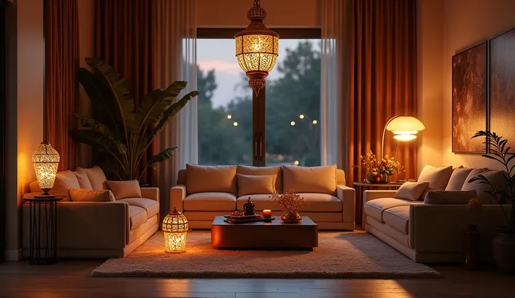 A luxurious living room in the house. The living rooms are modern in the evening. The room is small and decorated with Ramadan Funes  