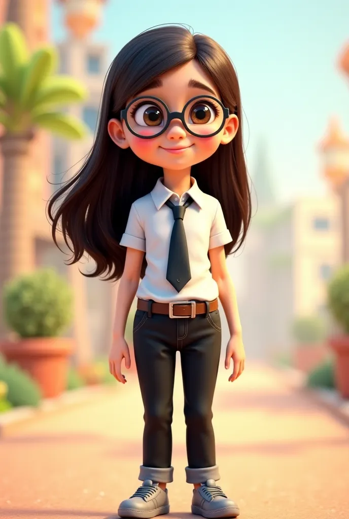 A girl 10-year with glasses with long dark brown hair, has brown eyes, wears a white shirt with a black tie, black pants and gray shoes Disney Pixar