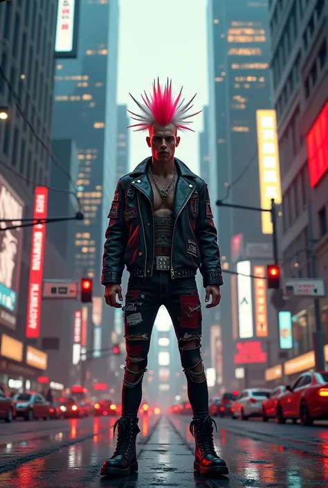 (photorealism:1.2), A hardcore punker stands defiantly in the middle of a bustling city during rush hour(day light), surrounded by towering skyscrapers, flashing billboards, and a maze of traffic lights, street signs, and tangled overhead cables. His hair ...