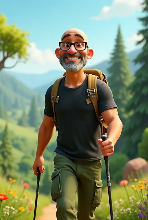 Create a 3D image ,  Pixar style. man  , Bald and gray goatee, square black plastic glasses. , with green cargo pants and black t-shirt, brown eyes, walking with Nordic sticks and backpack