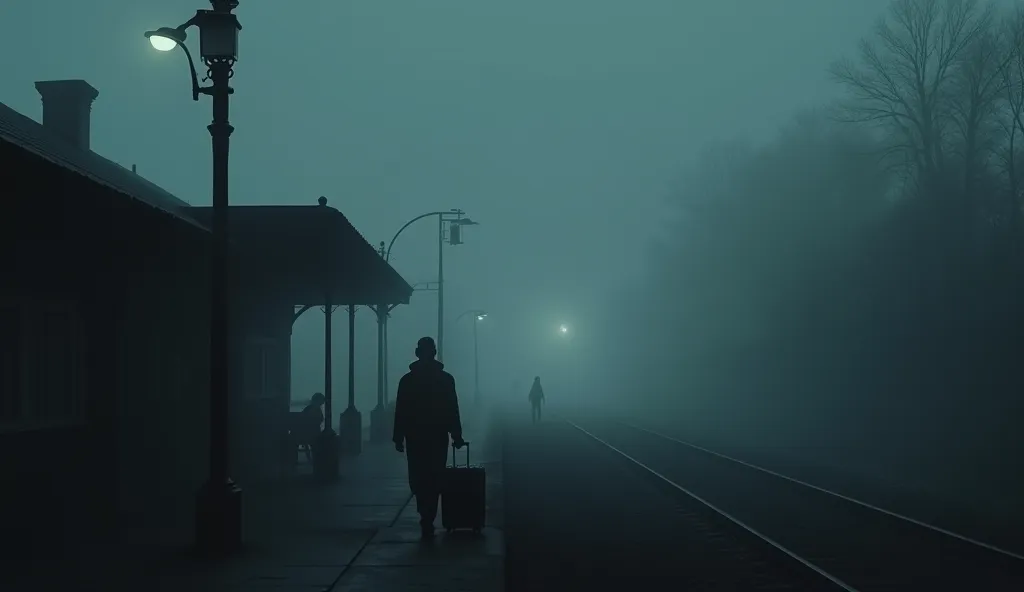 platform and emptiness and fog and darkness at night at the railway station NO LIGHTING