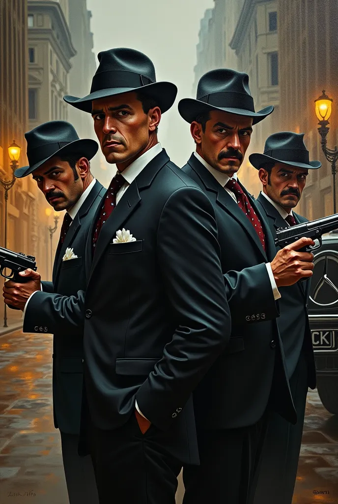 Detailed oil painting of gangsters with guns and a G-class style Peaky Blinders. impressive. Old money realistic. Meet . landscape street dark at night outside. Cookie hats. painting 
