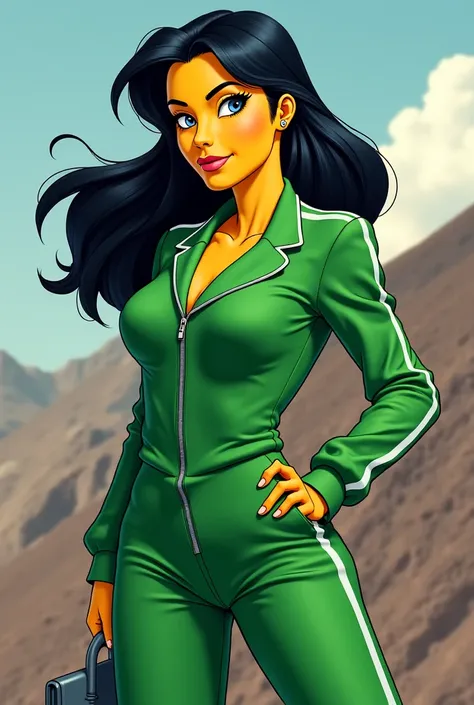 Lyne Lanley from The Simpsons in a green sports suit and black hair 