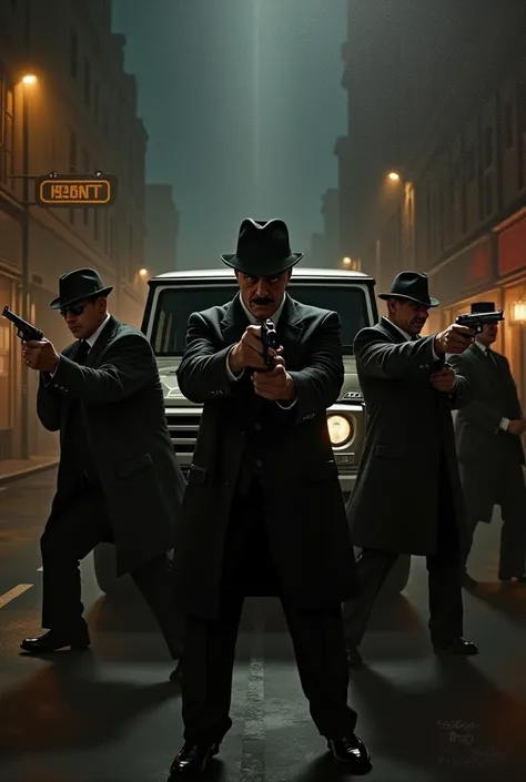 Detailed oil painting of gangsters with guns and a G-class style Peaky Blinders. impressive. Old money realistic. Meet . landscape street dark at night outside. Cookie hats. Shootout painting 
