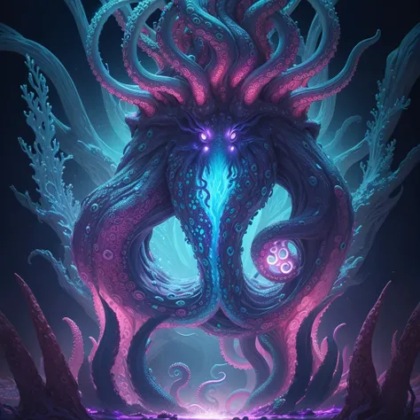 Kraken octopus underwater psychedelic bioluminescent, ancient fractal.