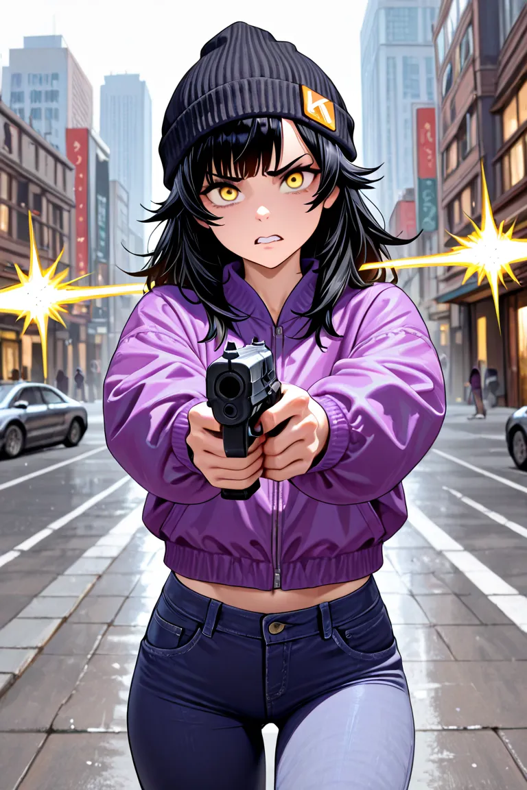 1girl, young adult girl, short black hair, spiky hair, yellow eyes, sadistic expression, slim body, tall stature, attack, holding handgun, wearing purple jacket, tight caqui jeans, black wool cap, city, absurdres, high resolution, ultrasharp, 8k, masterpie...