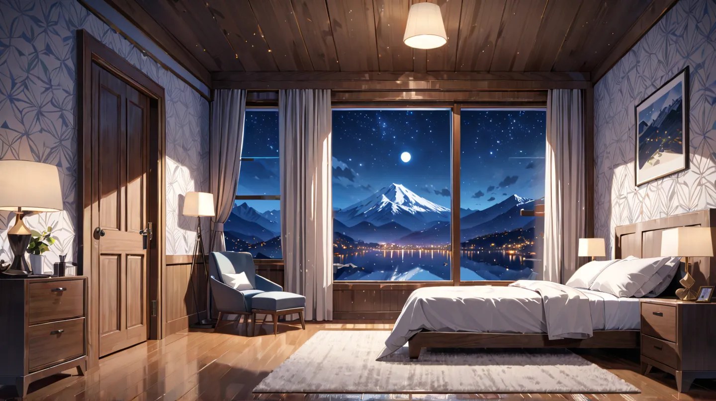 Bedroom, White patterned wall, a wood door, window with mountain view, in the night, moonlight , [(blurred background:1.2)::0.2], (indoor background:1.2), newest, highres, illustration, incredibly absurdres, ultra detailed, masterpiece, best quality, strai...