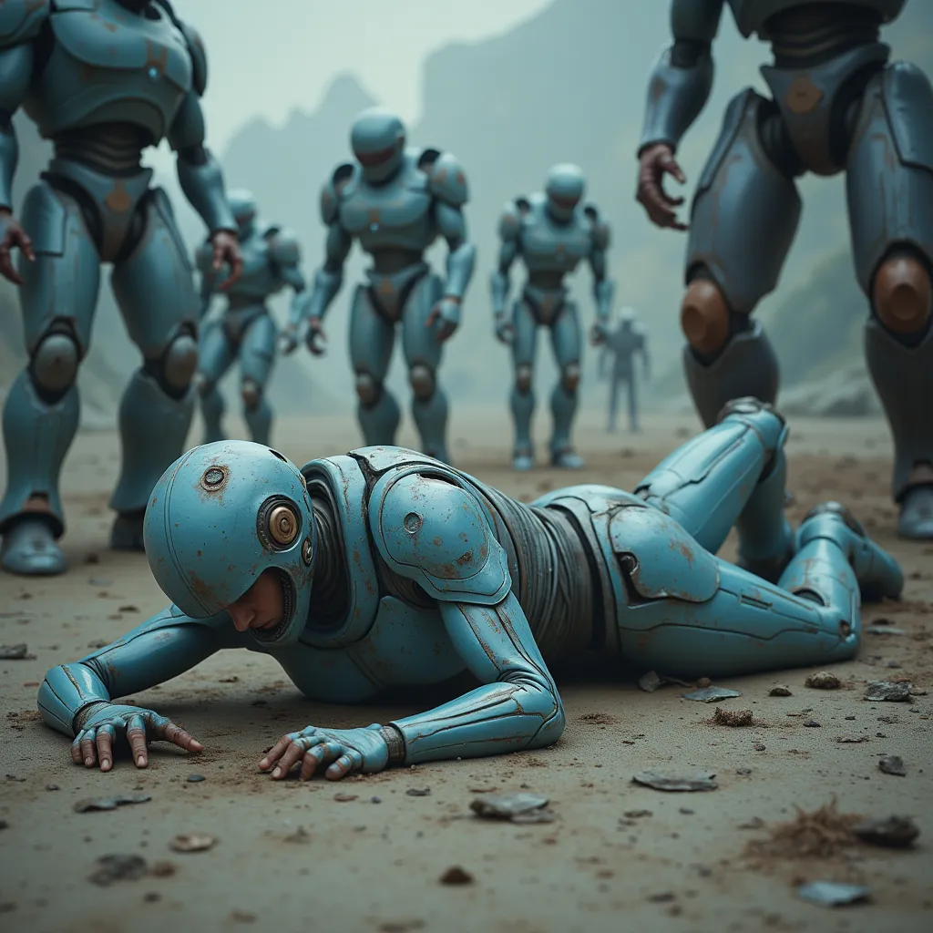 high resolution, masterpiece, photo realistic, surrealism,wounded samus aran wearing intensely worn out torn out light blue zero suit, lying face down on the ground, exhausted hopeless expression, surrounded by evil robots.