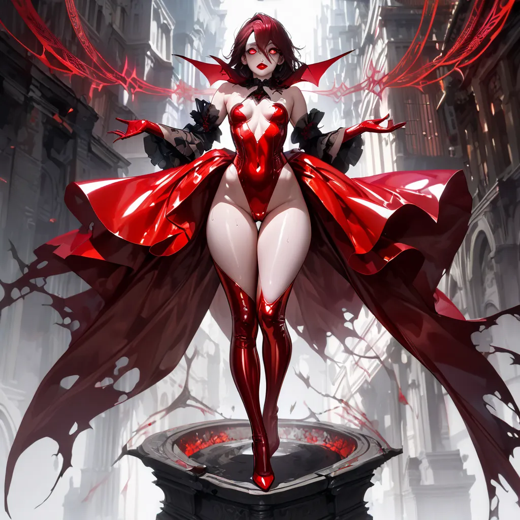 A young and beautiful woman ,(Best Quality,extremely detailed depiction,INCREDIBLY HIGH RESOLUTION,anatomically accurate depiction, curvy legs ),( shiny skin that sticks out your butt,Porcelain Skin),(Female Vampire:1.5,  shiny latex ,), eyelashes,sweat,(R...