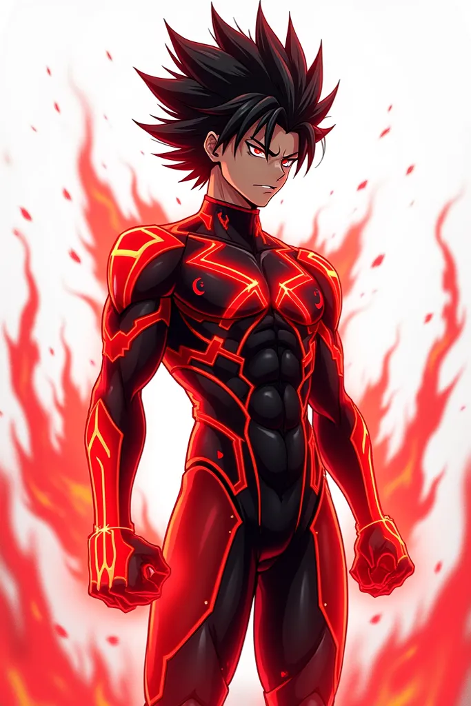 A powerful and muscular young warrior, Ryouma Kuroshiki, in his transformed state with Codex Zero activated. His black hair is spiked back, glowing with intense red reflections, as if flames were coursing through his strands. His eyes shine with a menacing...