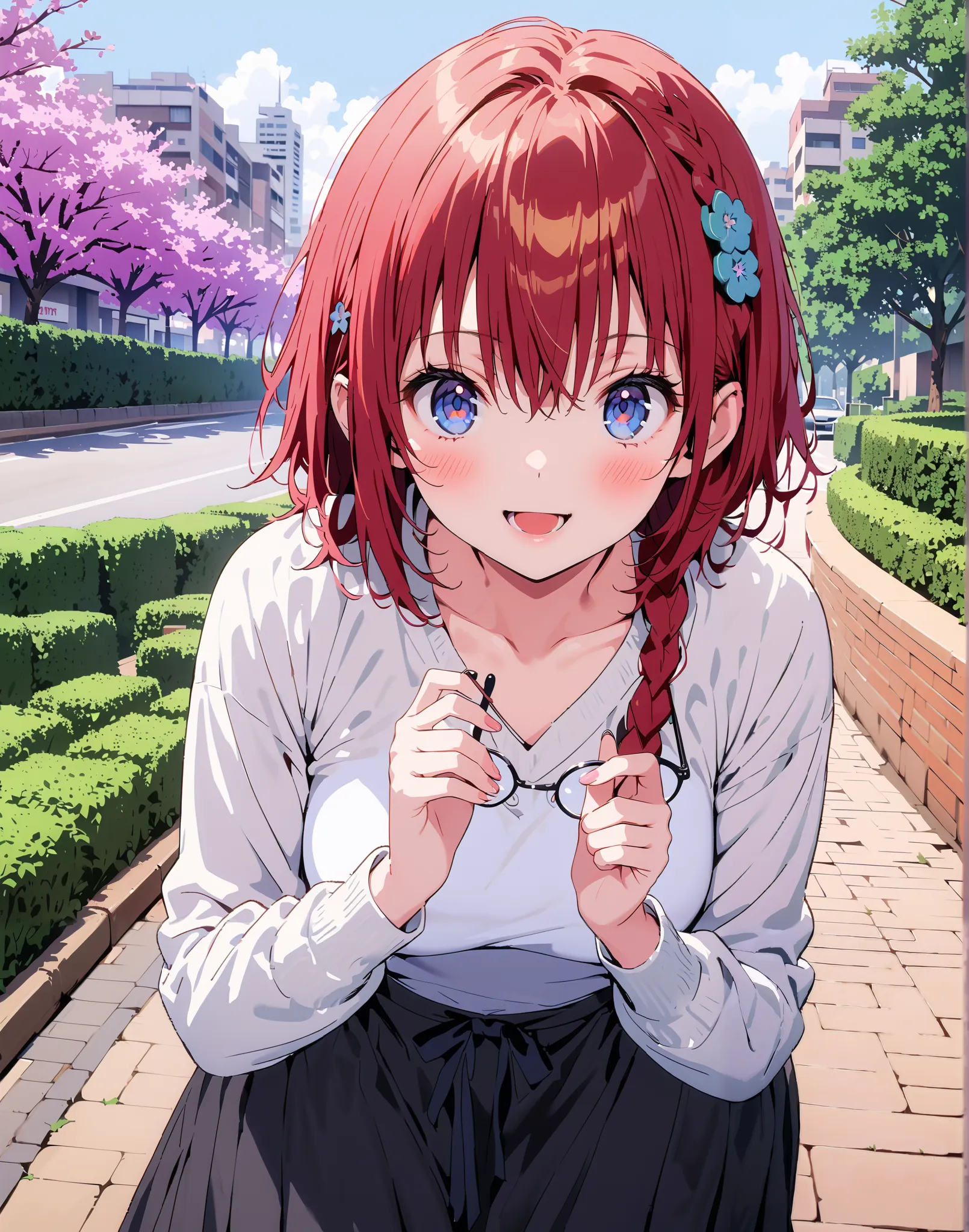 Kurosaki's thing , Alone,stupid hair, Blue Eyes, knitting glasses, hair intake, sngle braid,HAIR ACCESSORY, red hair, hair knitting glasses, smile,blush,open your mouth,Medium breast, oversized v neck sweater long sleeve,long skirt, Bbo~, bench,Beautiful c...