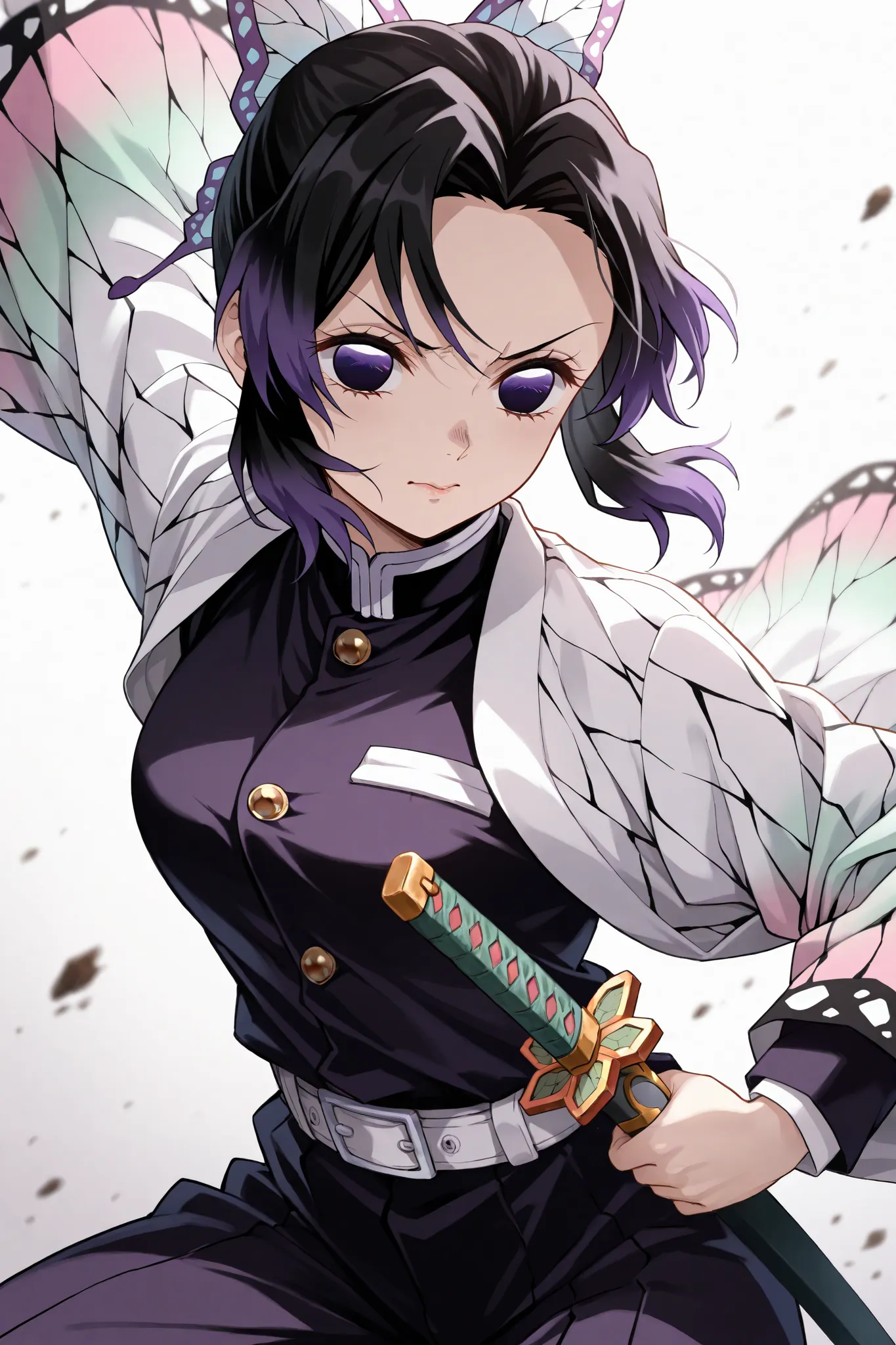 {kochou shinobu},{kimetsu no yaiba},Detailedparticles, depth_of_field, high resolution, high quality, ,uniform, sexy,, high quality, high resolution olution, detailed image, beautiful girl, beautiful to the eye,   , battle pose, solo,，，Get angry，side angle...