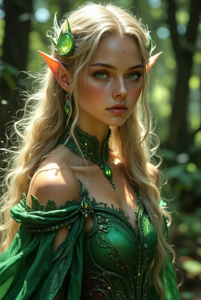 A 24-year-old elf, Green eyes like a summer forest, Arwen's style platinum blonde hair braided on each side to the lower back . She is dressed in a magnificent and long elven dress, green and embroidered with silver thread, she covers her shoulders and arm...