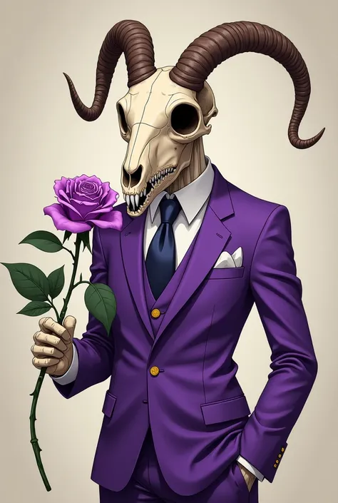 goat skull in a purple suit with a purple rose with a devilish smile anime art style