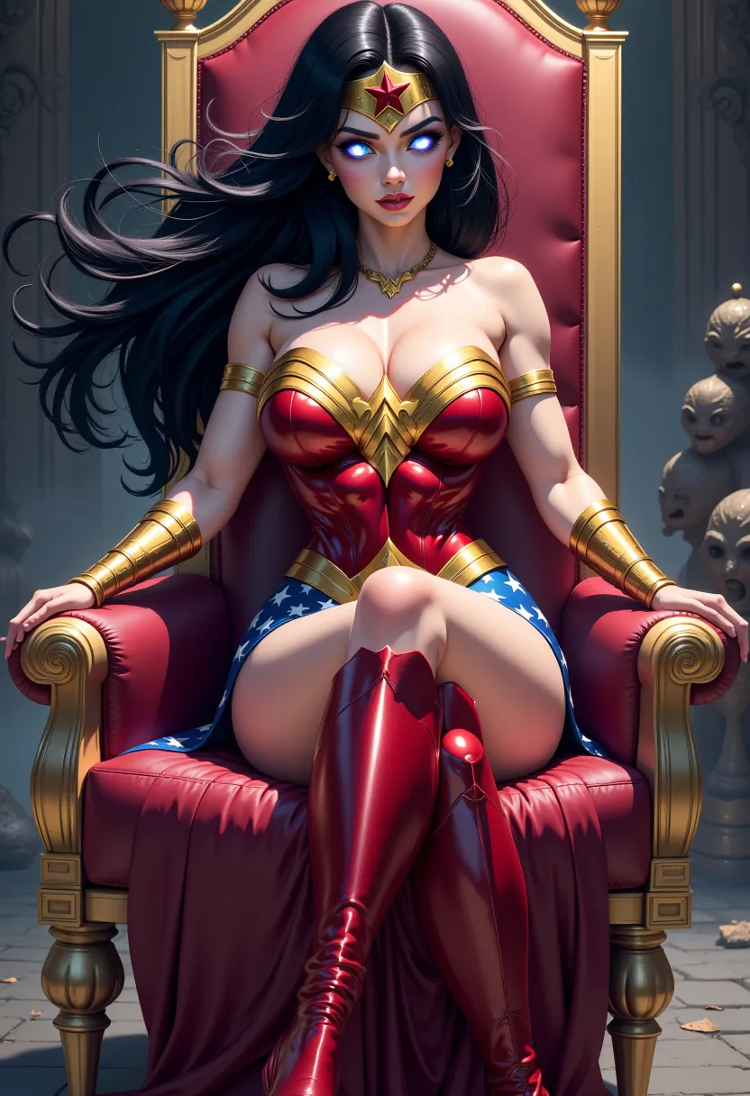 Artwork about Wonder Woman transformed into a sexy dominant evil queen of darkness sitting seductively on her royal golden throne, white glowing eyes, high resolution, best quality, masterwork, highest quality image, ultra detailed, animated, illustrations...