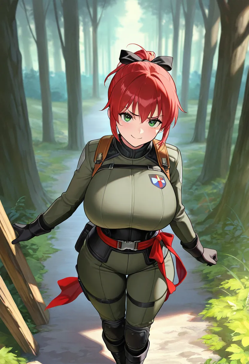 Hunger game, woman, red hair, short hair, ponytail, green eyes, long bow, archer outfit, adventure outfit, curvy, busty, voluptuous, tsundere expression, fantasy, background: forest road, red and black combat outfit, black military boots


High Resolution,...