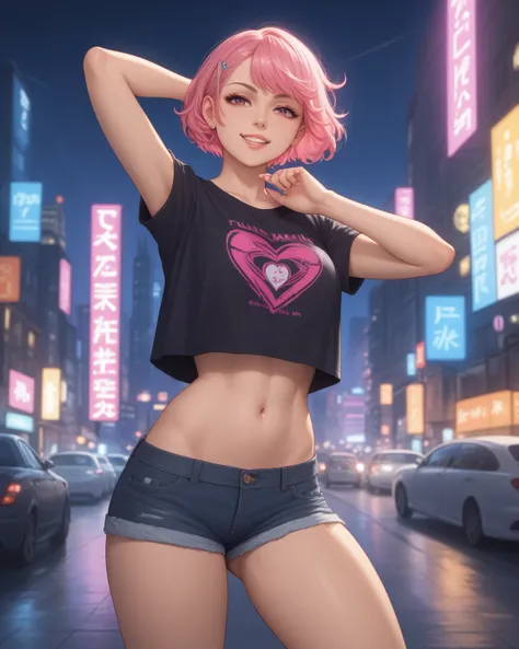 
Japanese anime-style image of a short-haired girl with pink hair standing proudly wearing fashionable clothes. Neon style.