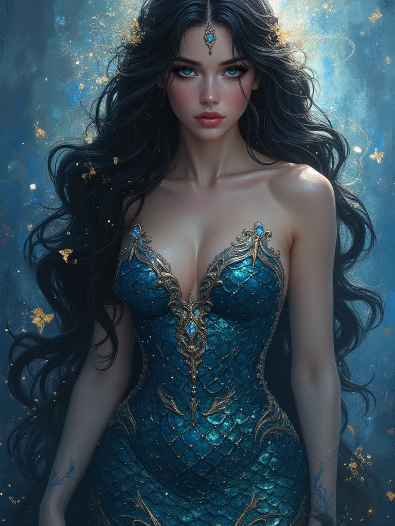 oil painting hyperrealistic fantasy, beautiful 25-year-old Russian MERMAID with Russian features, jet-black hair very long and wavy perfectly, sapphire blue eyes, shiny reddish lip gloss, white skin de porcelana como muñeca,  pink cheeks, Her skin is a pea...