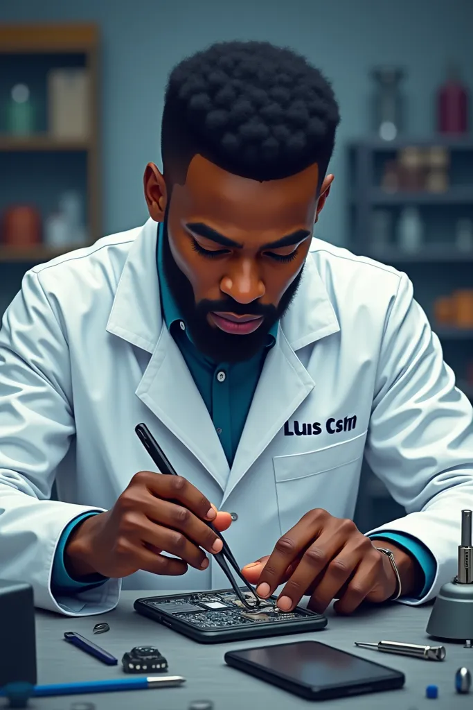 Haz un técnico hombre de color negro reparando un celular que lleve una bata blanca de laboratorio que diga Luis Cell LSM