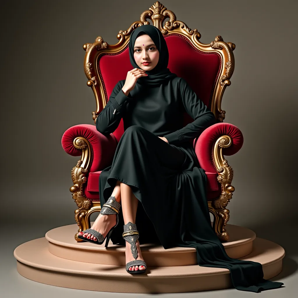 a woman of ideal posture , sit confidently on a throne decorated with intricate carvings and luxurious velvet raised above a podium with several steps in the foreground. She was wearing a hijab. Her footwear consisted of high-heeled sandals with intricate ...