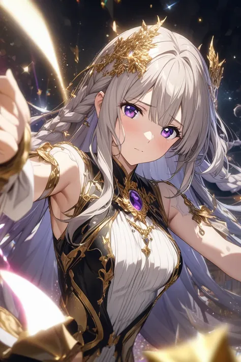 手には魔法のランプを持っているThe fairy in the magic lamp is super beautiful, anime style Eye-catching style Anime style Violet Evergarden style (masterpiece), super beautiful, shiny long straight hair (high quality), (beautiful and detailed face), (beautiful and detaile...