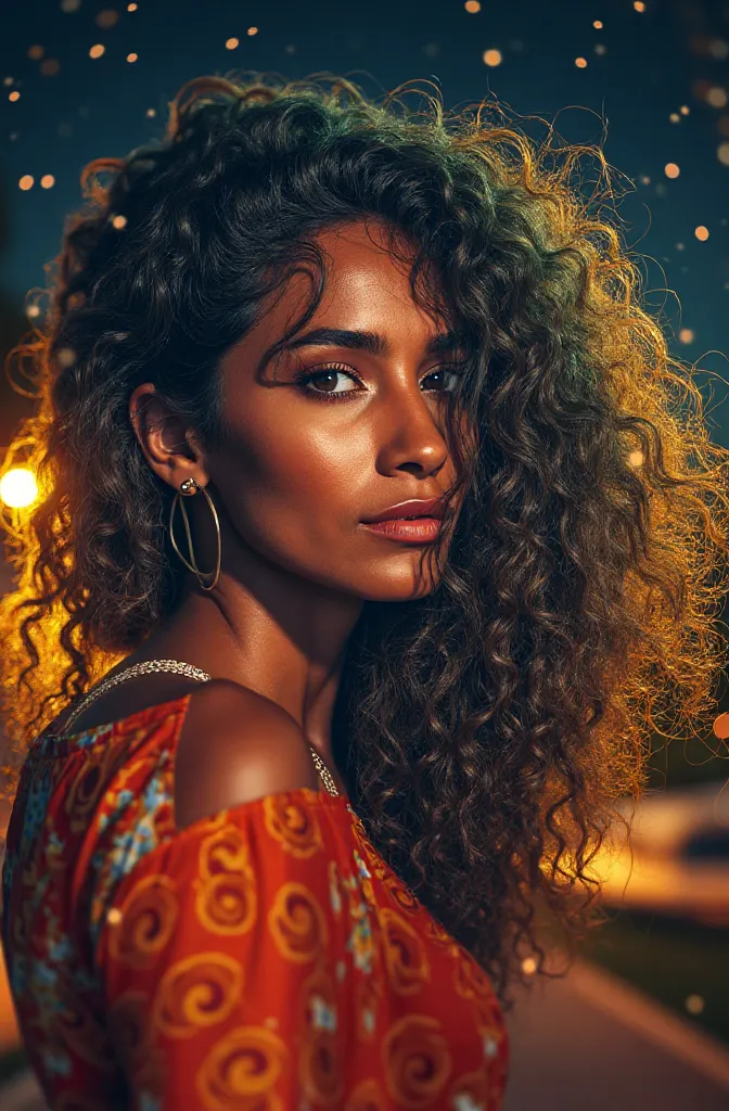 A Brazilian woman in her 30s, she has dark skin, curly and voluminous brown hair, Wear loose clothing from the late 70's, She is on the sidewalk of the coast of Paraíba at night 