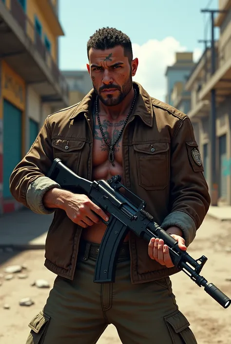 An Latin american gang member holding a GTA-style AK