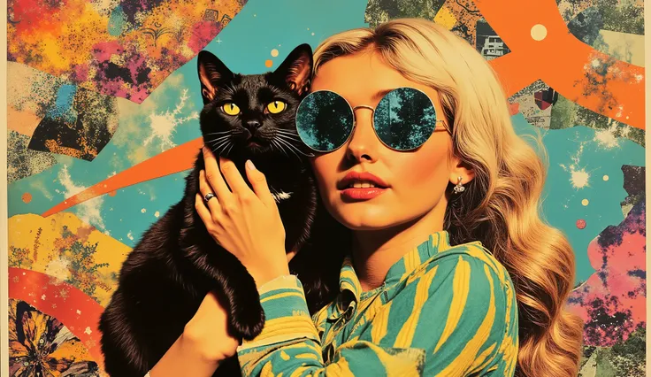 an illustration of a woman hugging a black cat with bright yellow eyes in a psychedelic 70s environment, in the style of Peter Max, surrounded by bold abstract patterns and geometric shapes, woman with long wavy hair and oversized round sunglasses wearing ...