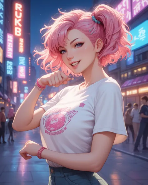 
Japanese anime-style image of a short-haired girl with pink hair standing proudly wearing fashionable clothes. Neon style.