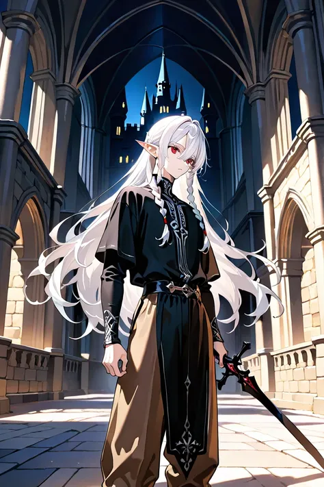 BEST QUALITY, ULTRA DETAILED, PERFECT ANATOMY, HIGH DEFINITION, INTRIGUING DETAILS, ALONE, (MALE), 1 boy, thin tone, white hair, long hair, side braids, red eyes, long pointy ears, black flowing shirt, long sleeve, flowing pants, brown pants, black sword, ...