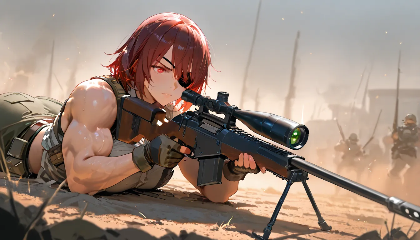 A female mercenary with strong muscles and an eyepatch kills enemies while lying face down on the battlefield using a sniper rifle、Photographed from the back of a female soldier