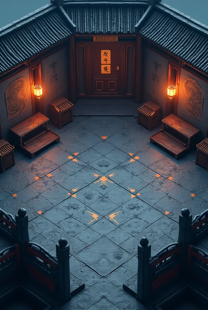 Isometric 2.5D ancient Chinese battle arena, worn stone tiles, dark gray and blue tones, symmetrical design, wooden weapon racks, decorative Chinese calligraphy on the walls, dragon engravings, glowing lanterns, seamless grid alignment, game-ready texture,...