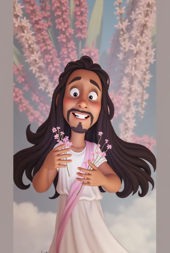 Animated picture of Jesus for ren in the style 
Disney Pixar
smiling with sweet eyes of ,  a simple tunic, in a natural landscape adapted to the present day,