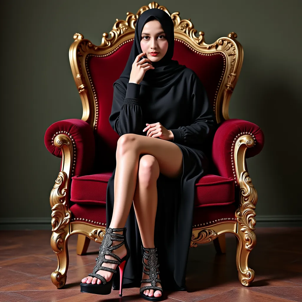 a woman of ideal posture , sits confidently on a throne decorated with intricate carvings and luxurious velvet. She was wearing a hijab. Her footwear consisted of high-heeled sandals with intricate straps, one of which displays a distinctive artistic desig...