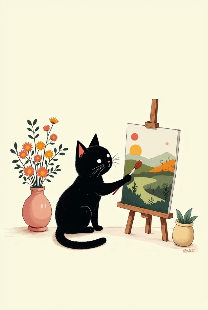 There is a black cat next to a vase with flowers, painting a landscape with a brush on a canvas,  a minimalist painting by Yuko Tatsushima, despegar, folk art,  cute illustration , cats and plants , ilustración minimalista,  Illustration of a cat ,  simple...