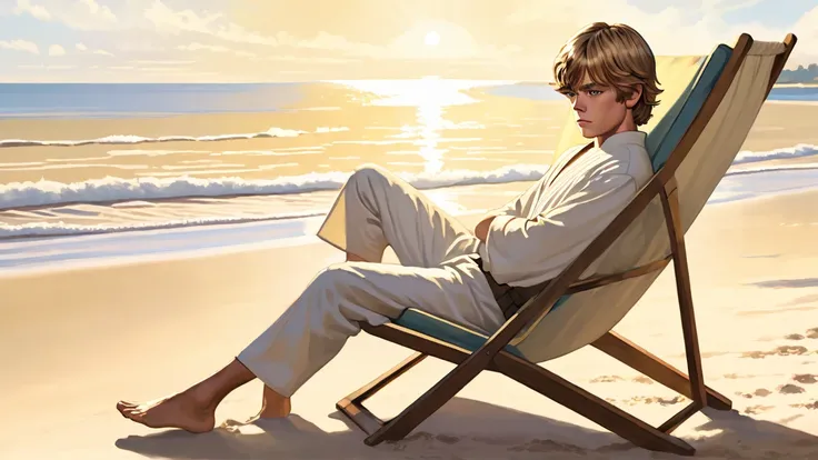 Luke Skywalker barefoot on the beach and lies barefoot on a lounger and shows his step