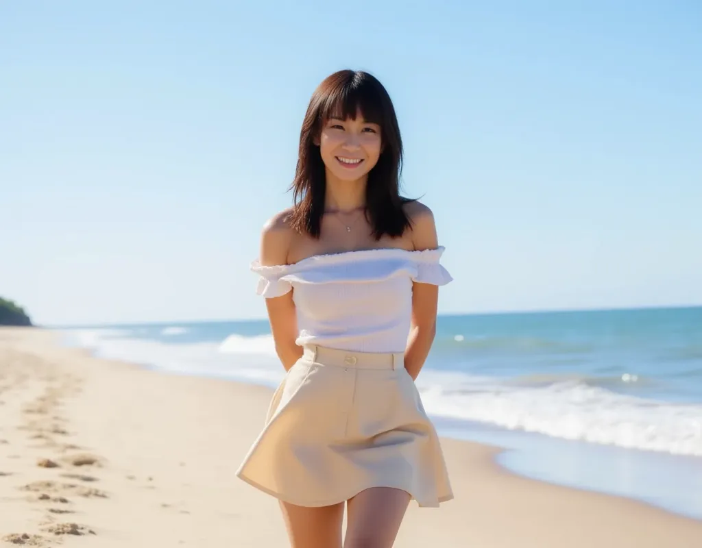 Japanese woman. smiling, full body shot, normal breasts, full body shot, cowboy shot, Japanese, full body shot, walking, full body shot, off-the-shoulder outfit, hands behind back, miniskirt、、 sandy beach、 is running on the right hand、