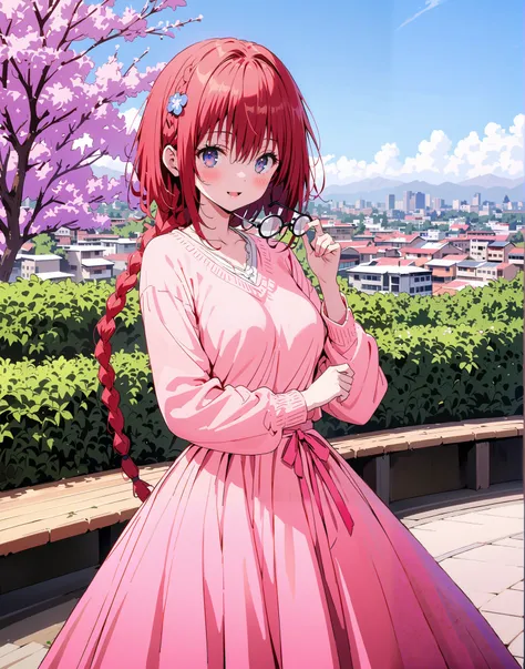 Kurosaki's thing , Alone,stupid hair, Blue Eyes, knitting glasses, hair intake, sngle braid,HAIR ACCESSORY, red hair, hair knitting glasses, smile,blush,open your mouth,Medium breast, oversized v neck sweater long sleeve,long skirt, Bbo~, bench,Beautiful c...