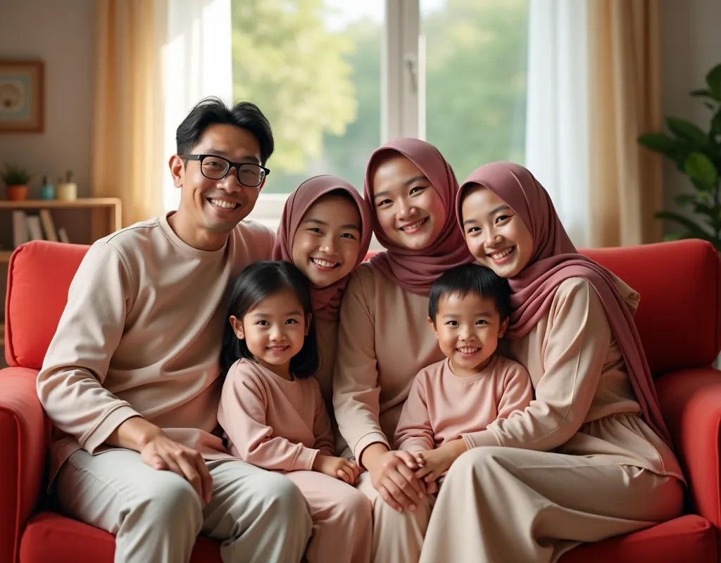 Photorealistic photo of a happy Asian family of five, including two young girls in hijabs, two adult men, and one adult woman in hijab. They sit on a red sofa in a brightly lit room. and wear matching clothes