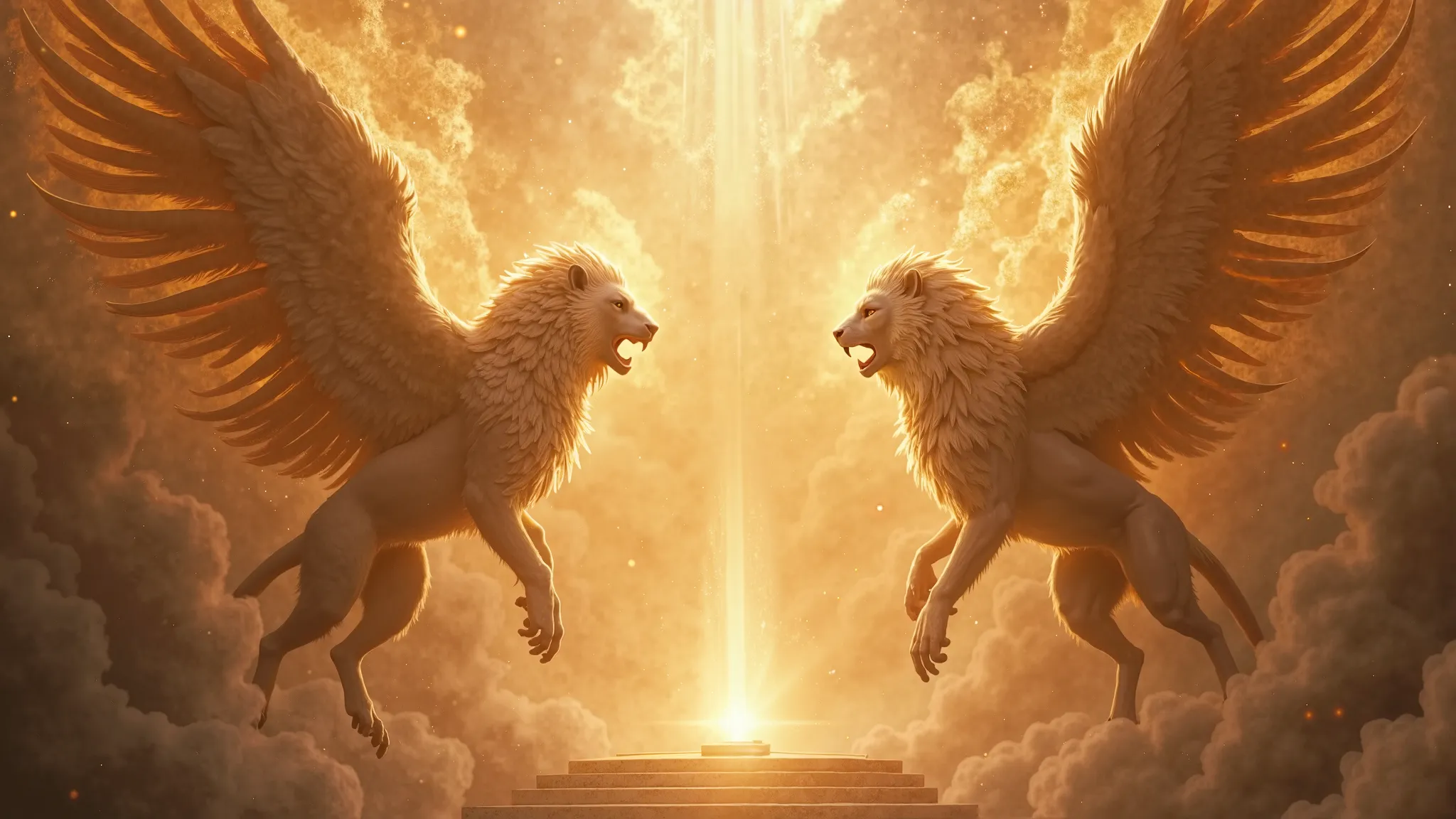 "A hyper-realistic depiction of mighty Cherubim standing in eternal vigilance before the divine throne of God. Their bodies radiate with celestial energy, their four faces—lion, ox, eagle, and human—symbolizing wisdom, strength, divinity, and power. Their ...