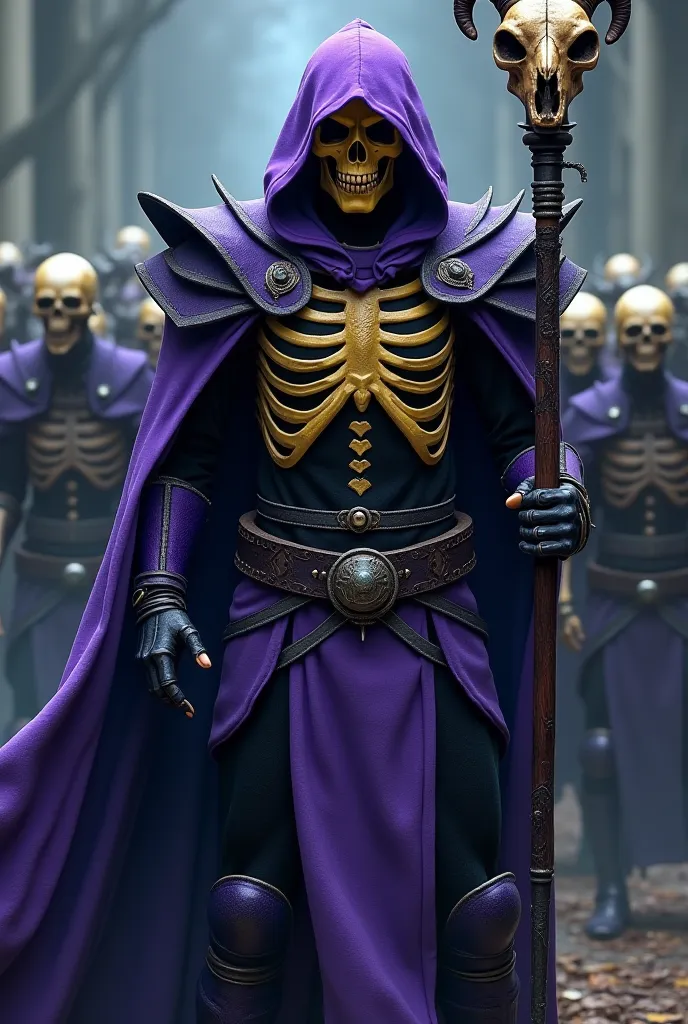   Blue man with a yellow skull face purple hoodie purple cape purple pointed shoulder pads purple two leather straps intertwined on the chest long black bracelets purple boots holding a staff at the tip of the staff a sheep's skull head in the middle point...