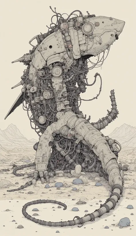 There is a big shark made of metal and wire, ,  AI Robot Tentacle Remnant ,  Dragons made of mechanical parts ,  Biomechanical Sculptures , Things Made of Trash  , White biomechanical detail ,  steampunk robot ,  cybernetic and highly detailed ,  anime rob...