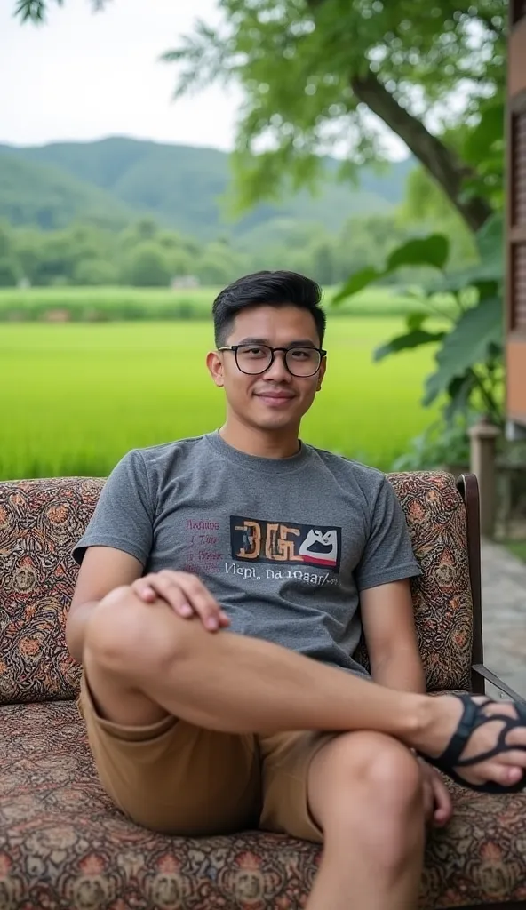 An Indonesian man, glasses,  wearing a grey t-shirt with the words/logo "366°", brown shorts, flip-flops, is lying on a patterned sofa in front of a simple house in a cool and beautiful village, with a backdrop of green rice fields, banana trees, bamboo gr...