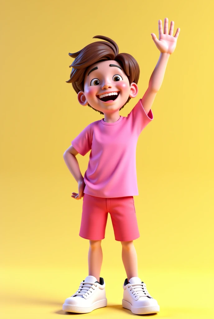 , s, brown hair, 3d drawing, In pink t-shirt and shorts and white sneakers, cheerful background