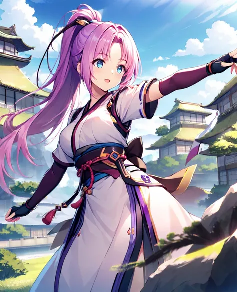 1girl, solo, long hair, breasts, bangs, blue eyes, gloves, medium breasts, standing, ponytail, pink hair, purple hair, short sleeves, outdoors, japanese clothes, sky, day, elbow gloves, cloud, fingerless gloves