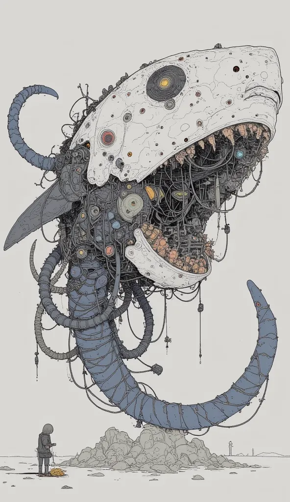 There is a big shark made of metal and wire, ,  AI Robot Tentacle Remnant ,  Dragons made of mechanical parts ,  Biomechanical Sculptures , Things Made of Trash  , White biomechanical detail ,  steampunk robot ,  cybernetic and highly detailed ,  anime rob...