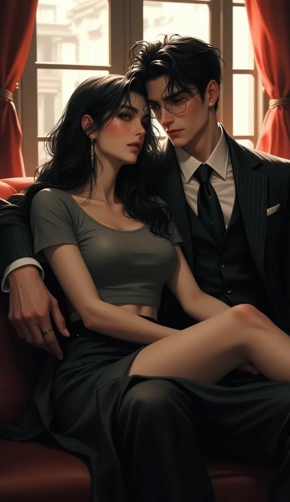 This image depicts a stylish couple sitting closely together in a cozy, elegant living room. The man has a sharp, refined appearance, wearing a dark pinstripe suit, a tie, and glasses, giving him a sophisticated and dominant aura. His dark hair is slightly...