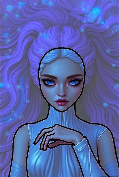 Make blue eyes and long light purple hair with blue highlights in this image 