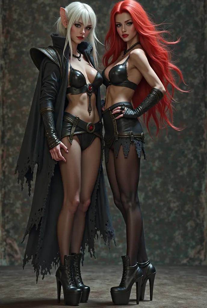 Dark elf in a miniskirt and platform heels +A redhead human in a micro skirt with black stockings stilettos fingering herself 